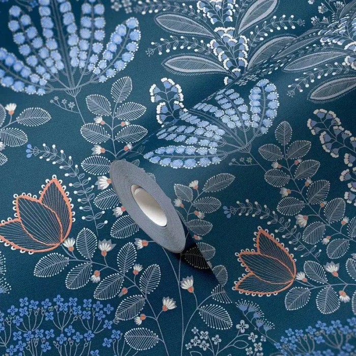 As Creation|Tapete Retro-Blumen im Boho-Stil Blau|Modern