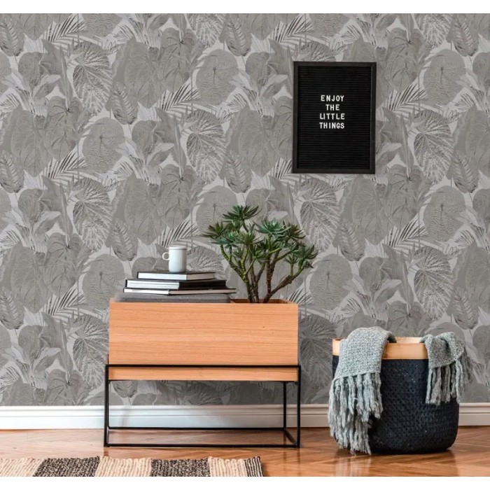 As Creation|Papier Peint grandes feuilles florales tropicales grises|Papier Peint