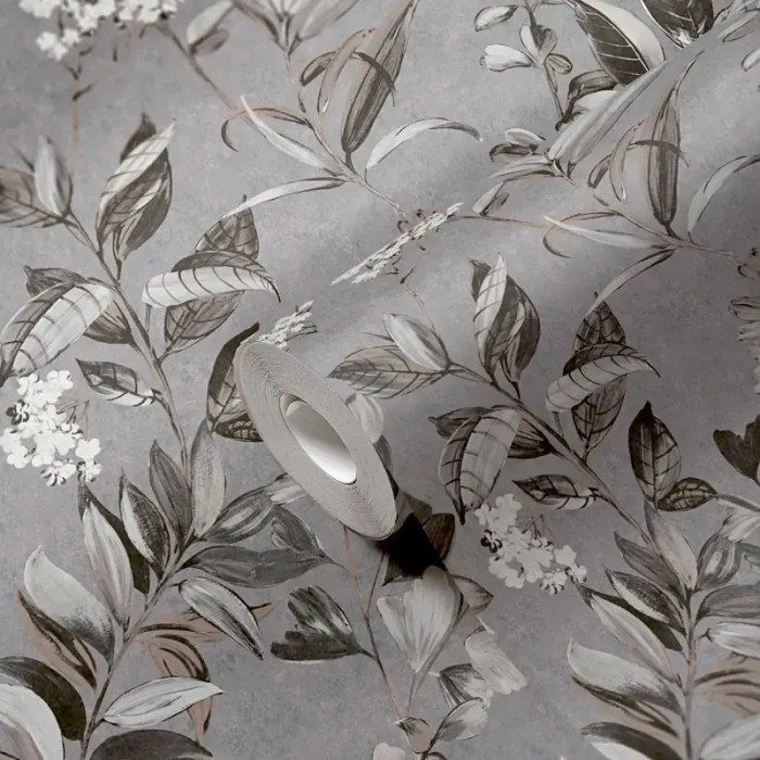 Architects Paper|Grey wallpaper with watercolor-style branches and leaves|Wallpaper