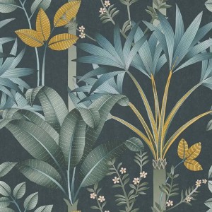 Caselio|Papier peint floral avec perruches bleu ciel et kaki|Tropical