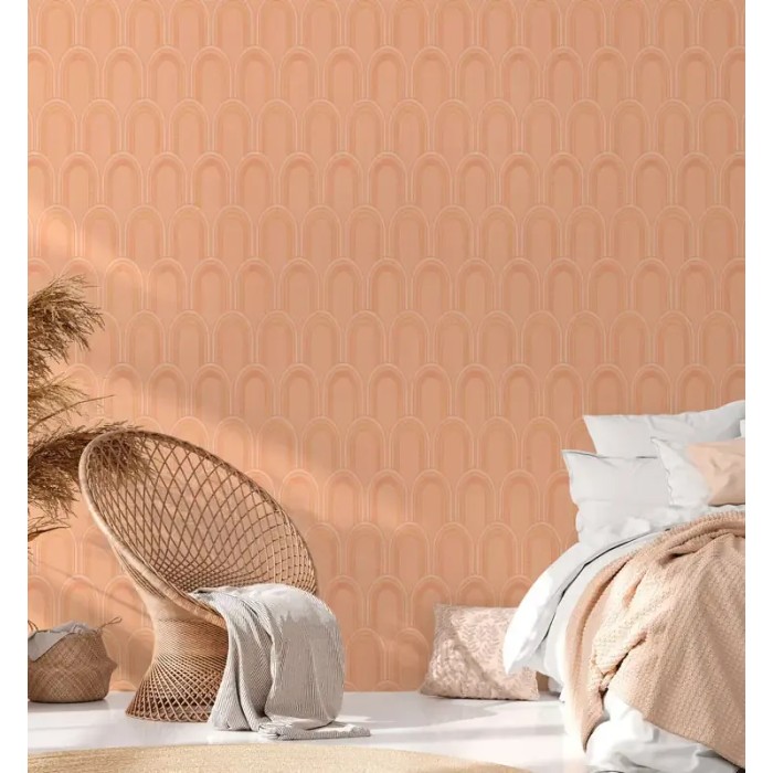 Architects Paper|Salmon pink geometric wallpaper with metallic arches|Art Deco