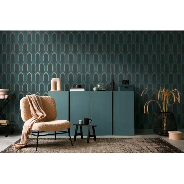 Architects Paper|Papel pintado azul y verde y dorado arcos geométrico metalizado|Art Deco