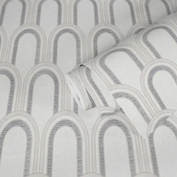 Architects Paper|Tapete weiß und silber mit geometrischen Bögen metallisiert|Art Deco