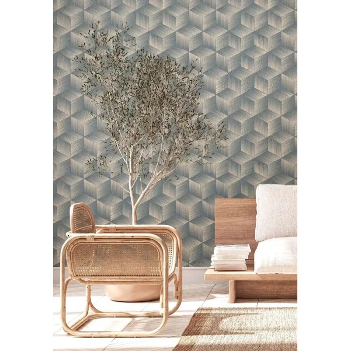 As Creation|Wallpaper beige and blue geometric polyhedra|Geometric