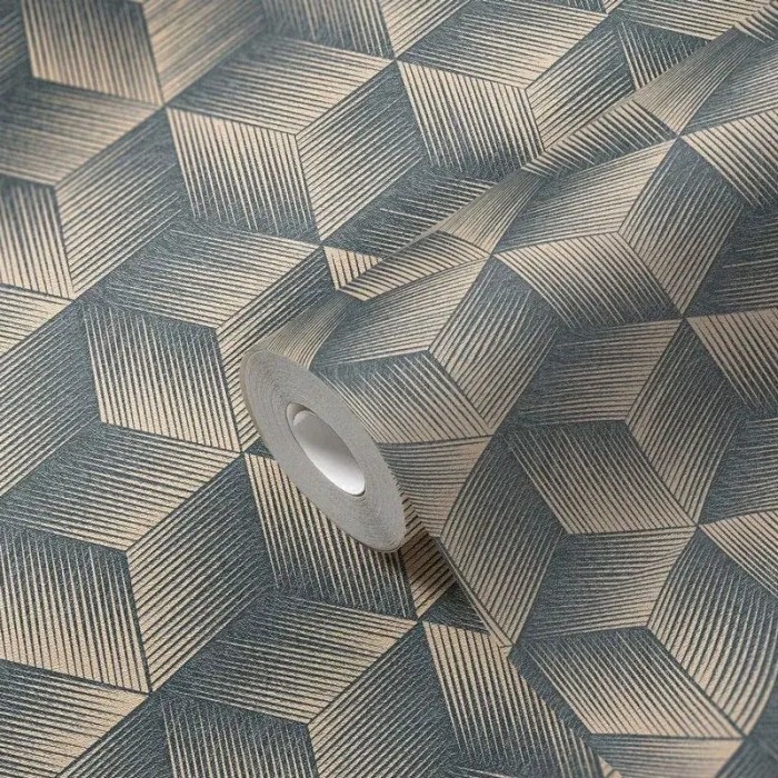 As Creation|Papier Peint polyèdres géométriques beige et bleu|Géométrique