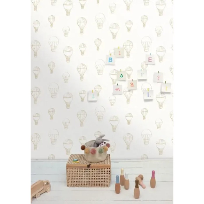 Caselio|Papel pintado infantil globos aerostáticos blanco y beige|Infantil