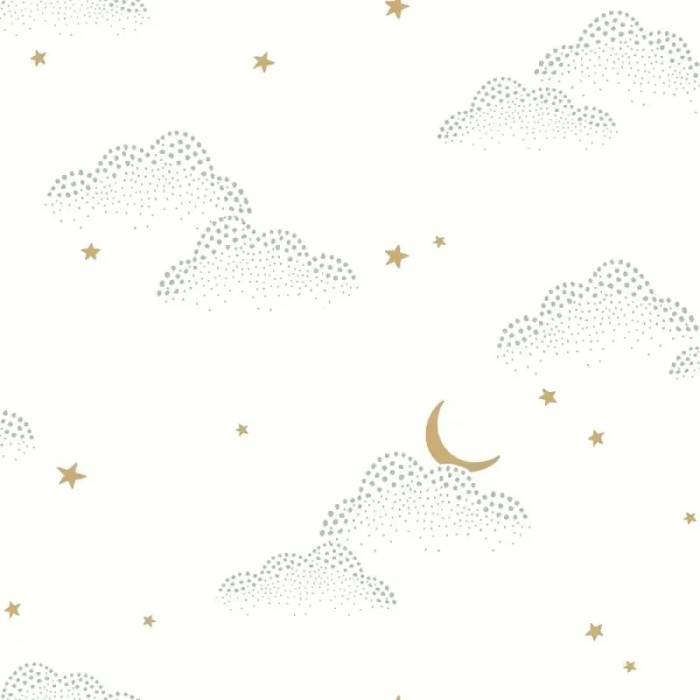 Caselio|Papel pintado infantil nubes y estrellas blanco y verde|Infantil