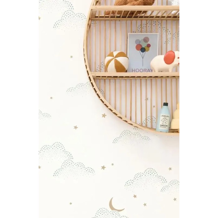 Caselio|Papier peint enfant nuages et étoiles blanc et vert|Enfants