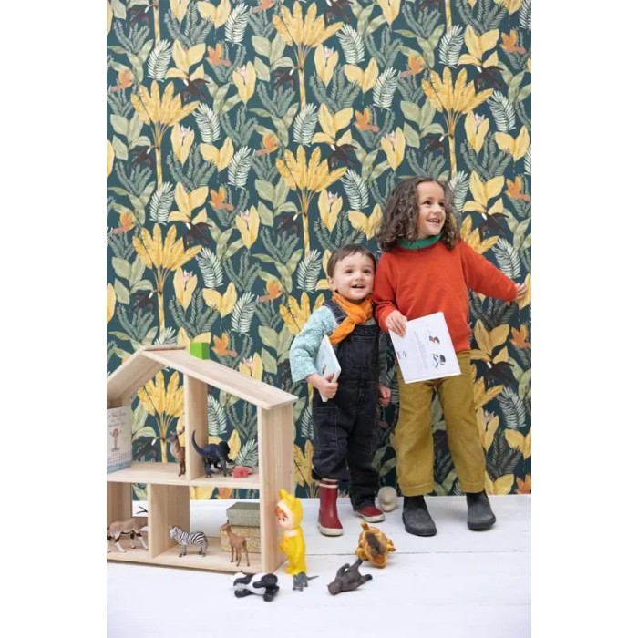 Caselio|Papel pintado infantil jungla tropical azul noche|Infantil