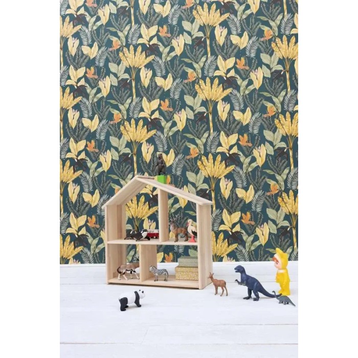 Caselio|Papel pintado infantil jungla tropical azul noche|Infantil