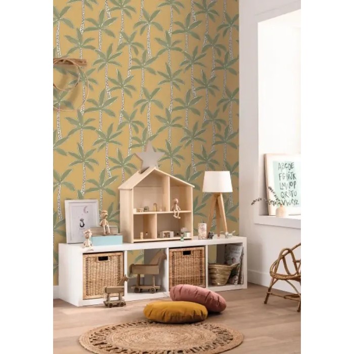 Caselio|Papel pintado infantil palmeras exóticas verde menta|Infantil