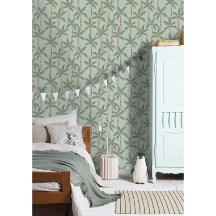 Caselio|Papel pintado infantil palmeras exóticas blanco y verde|Infantil