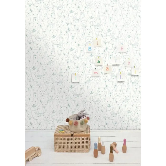 Caselio|Papel pintado infantil animales del bosque blanco y verde|Infantil