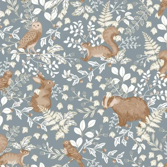 Caselio|Papel pintado infantil ardillas, búhos y animales del bosque azul grisáceo|Infantil