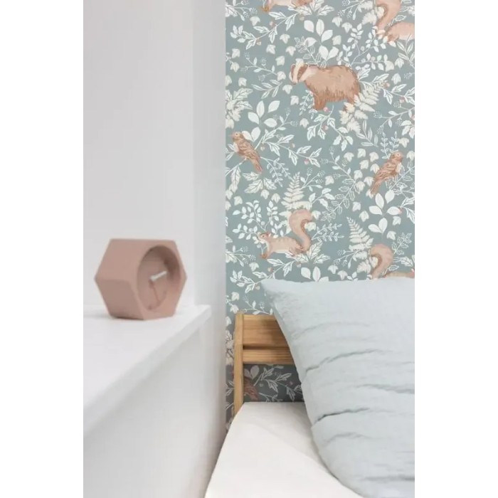 Caselio|Kindertapete Eichhörnchen, Eulen und Waldtiere in Blaugrau|Kindertapete