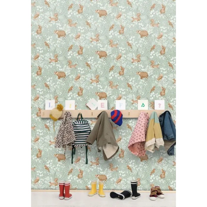 Caselio|Papel pintado infantil ardillas, búhos y animales del bosque verde menta|Infantil