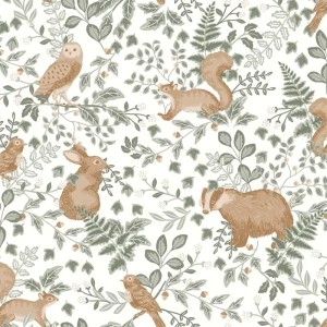 Caselio|Kindertapete Eichhörnchen, Eulen und Waldtiere in Mintgrün|Kindertapete