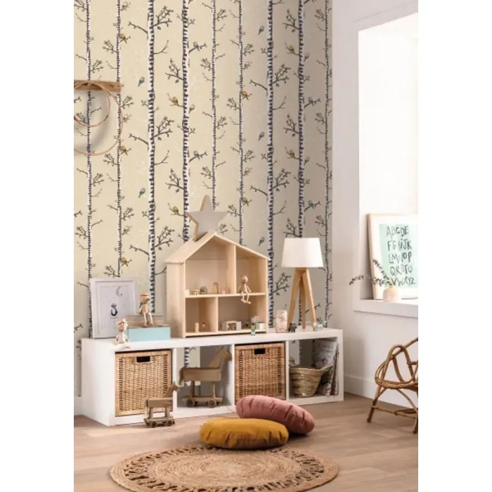 Caselio|Papel pintado infantil árboles y pajarillos beige|Infantil