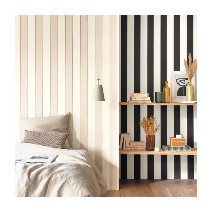 Caselio|Papier peint rayures blanches et noires filet or|Rayures