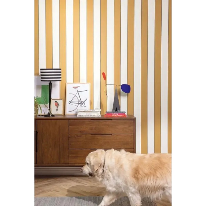 Caselio|Papier peint rayures jaunes filet or|Rayures