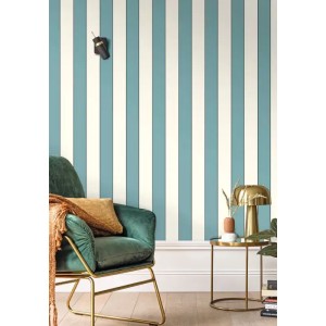 Caselio|Blue-toned striped wallpaper with gold outline|Stripes 2
