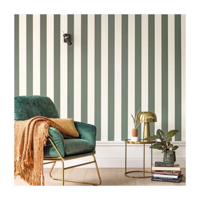 Caselio|Green striped wallpaper with gold outline|Stripes