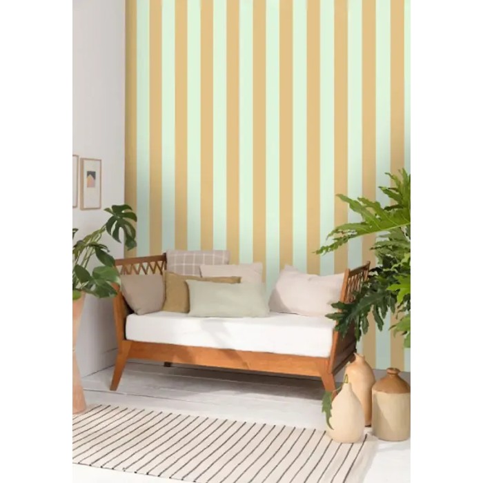 Caselio|Wide bicolor green and ochre striped wallpaper|Stripes