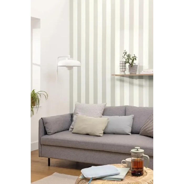 Caselio|Papel pintado rayas anchas bicolor blanco y gris plata|Rayas