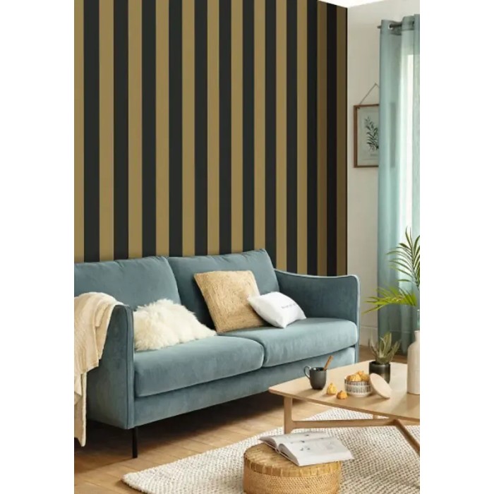 Caselio|Wide bicolor black and gold striped wallpaper|Stripes