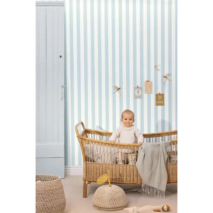 Papel pintado rayas infantiles celeste y blanco - Caselio Basics 104036002