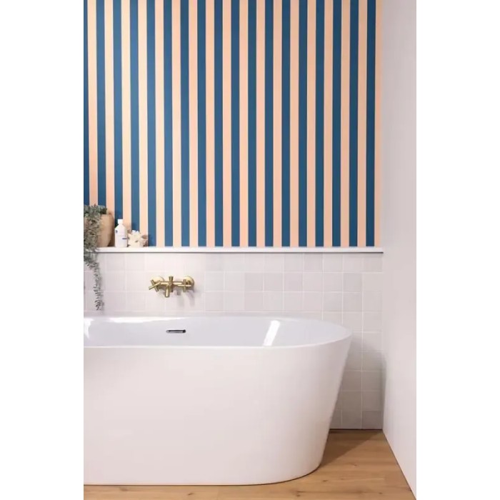 Caselio|Papel pintado rayas azul y salmón para baño|Rayas