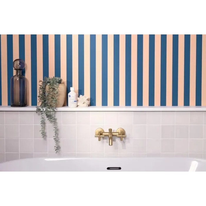 Caselio|Papel pintado rayas azul y salmón para baño|Rayas