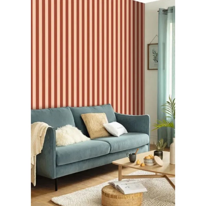 Papel pintado rayas verticales rojas y color salmón - Caselio Basics 104038040