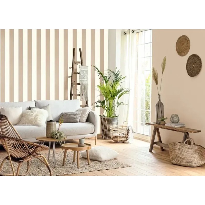 Caselio|Scandinavian-style brown and white living room striped wallpaper|Stripes