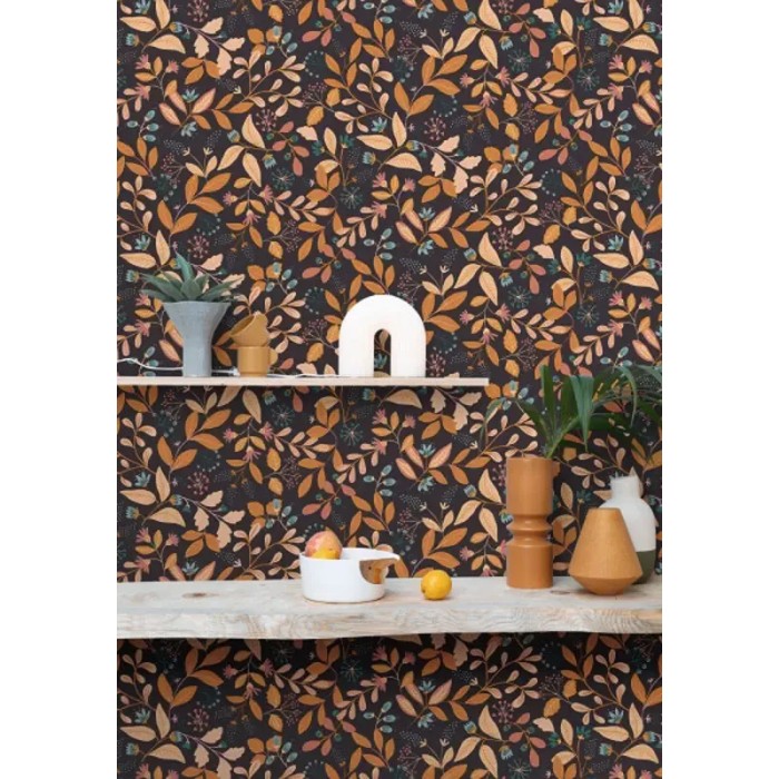 Papel pintado flors alegres estampado negro y ocre - Caselio Essentiel 103082136