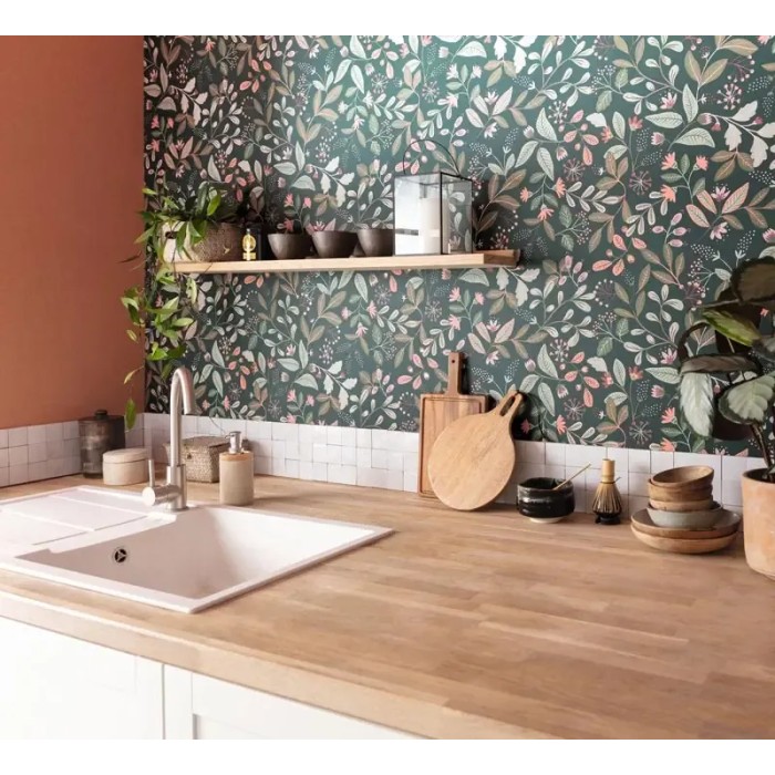 Caselio|Papel pintado floral retro verde esmeralda|Papel Pintado