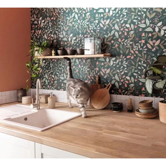Caselio|Papel pintado floral retro verde esmeralda|Papel Pintado