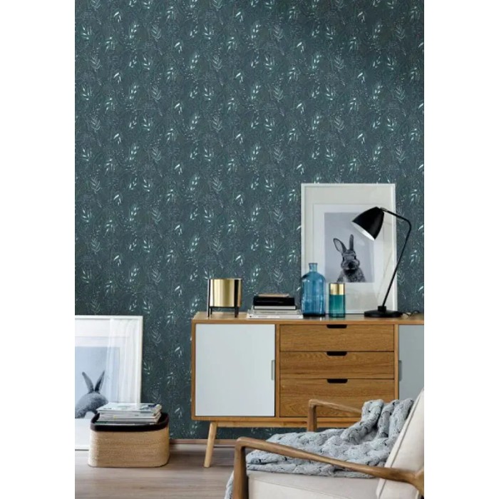 Caselio|Papier peint floral scandinave bleu nuit et vert|Papier Peint