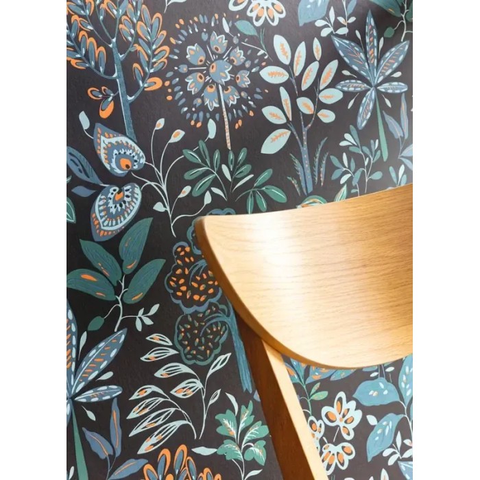 Caselio|Papel pintado bohemio de flores con fondo negro|Papel Pintado