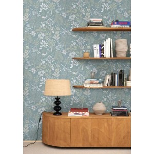 Caselio|Papier peint fleuri hippie bleu et orange, idéal chambre jeune|Floral 2