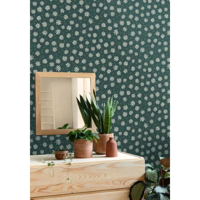 Caselio|Papel pintado juvenil verde con margaritas|Papel Pintado