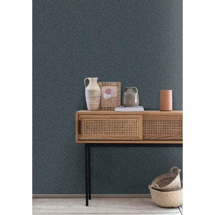 Caselio|Minimalistische Tapete in Blau mit goldenen Punkten|Minimalistisch