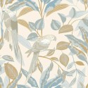 Caselio|Living room wallpaper in pastel tones with parrots and exotic plants|Wallpaper