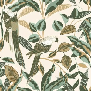 Caselio|Living room wallpaper in pastel tones with parrots and exotic plants|Wallpaper