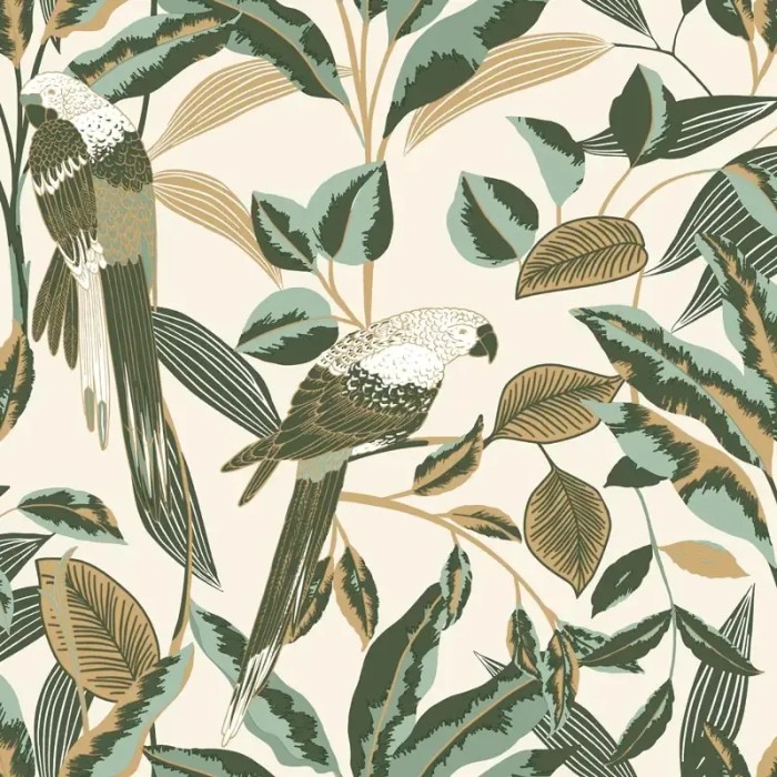 Caselio|Papel pintado plantas exóticas y loros, estilo tropical|Art Deco