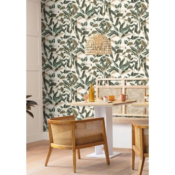 Caselio|Papel pintado plantas exóticas y loros, estilo tropical|Art Deco