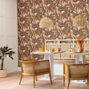 Caselio|Living room wallpaper in pastel tones with parrots and exotic plants|Wallpaper 2