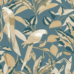 Caselio|Living room wallpaper in pastel tones with parrots and exotic plants|Wallpaper