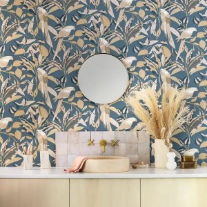 Caselio|Papier peint salon tons pastel perroquets et plantes exotiques|Papier Peint 2