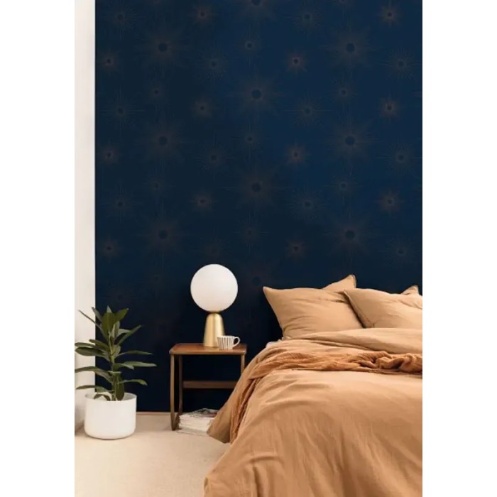 Caselio|Art Deco bedroom wallpaper in blue with golden stars|Wallpaper